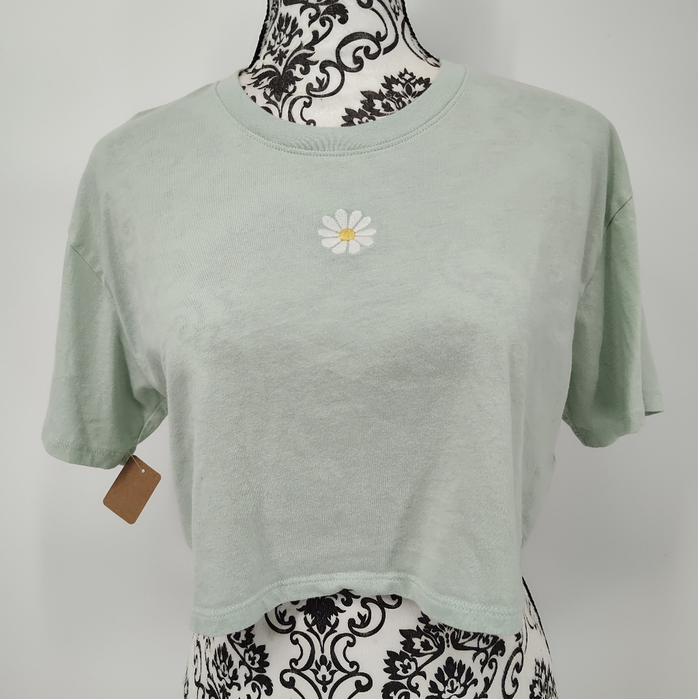 Hollister Light Mint Green Crop Top with Daisy Detail Size Women's X Small